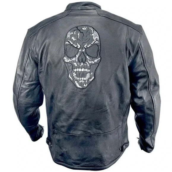 Leather Motorcycle/Racing Jacket with Reflective Skull Designs - Picture 2 of 16